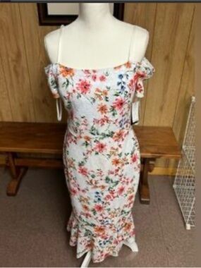 Guess White Floral Off-Shoulder Midi Dress with Pink & Orange Flowers
